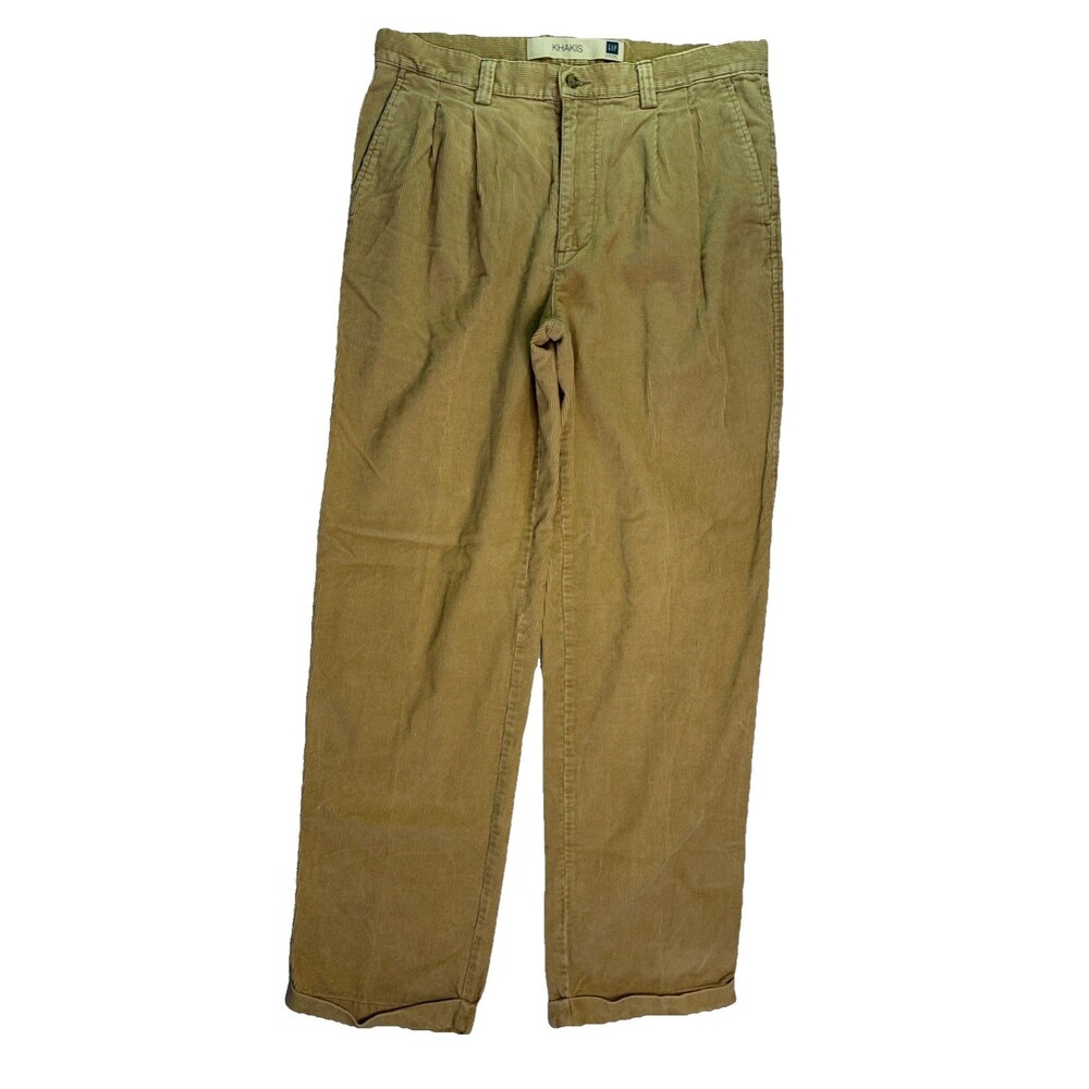 Y2K Gap Khakis Pleated Baggy Corduroy Pants 34x34 32L Tan Cuffed Preppy Academia